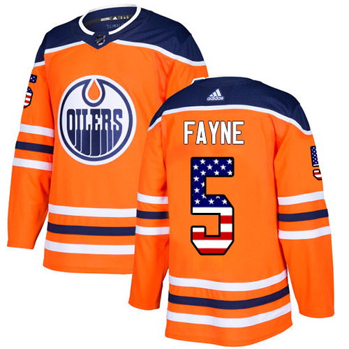 Adidas Oilers #5 Mark Fayne Orange Home Authentic USA Flag Stitched NHL Jersey
